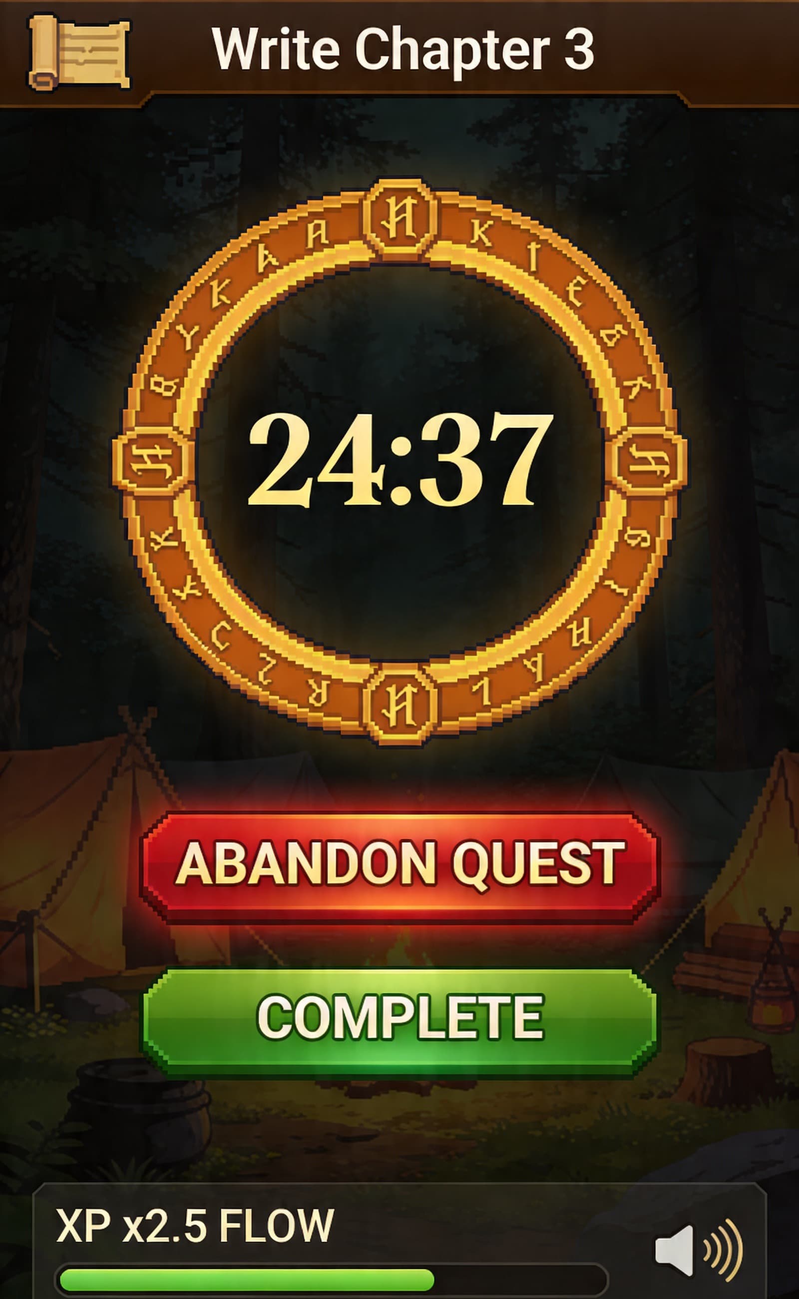 FlowQuest focus timer screen
