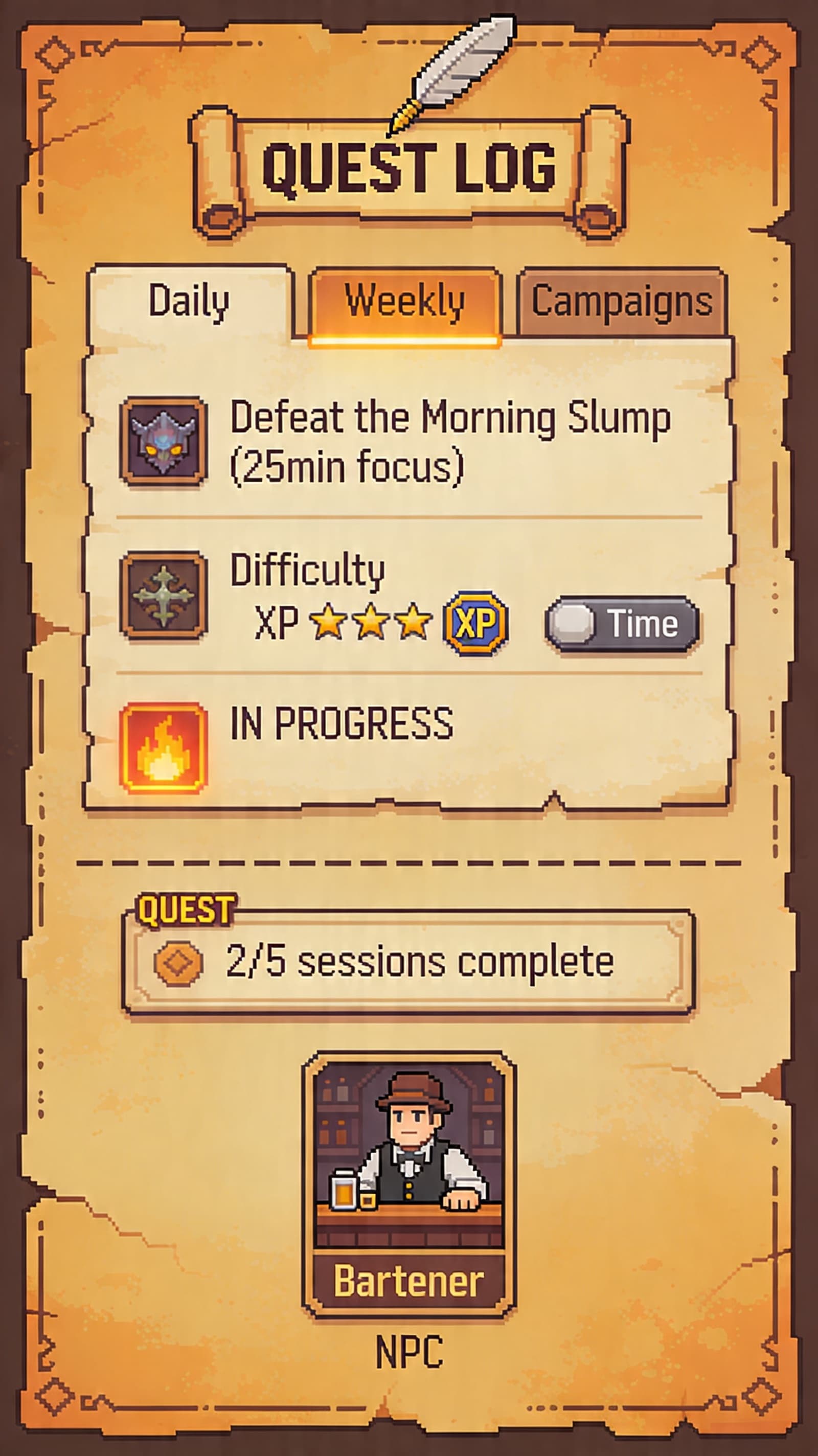 FlowQuest quest log screen