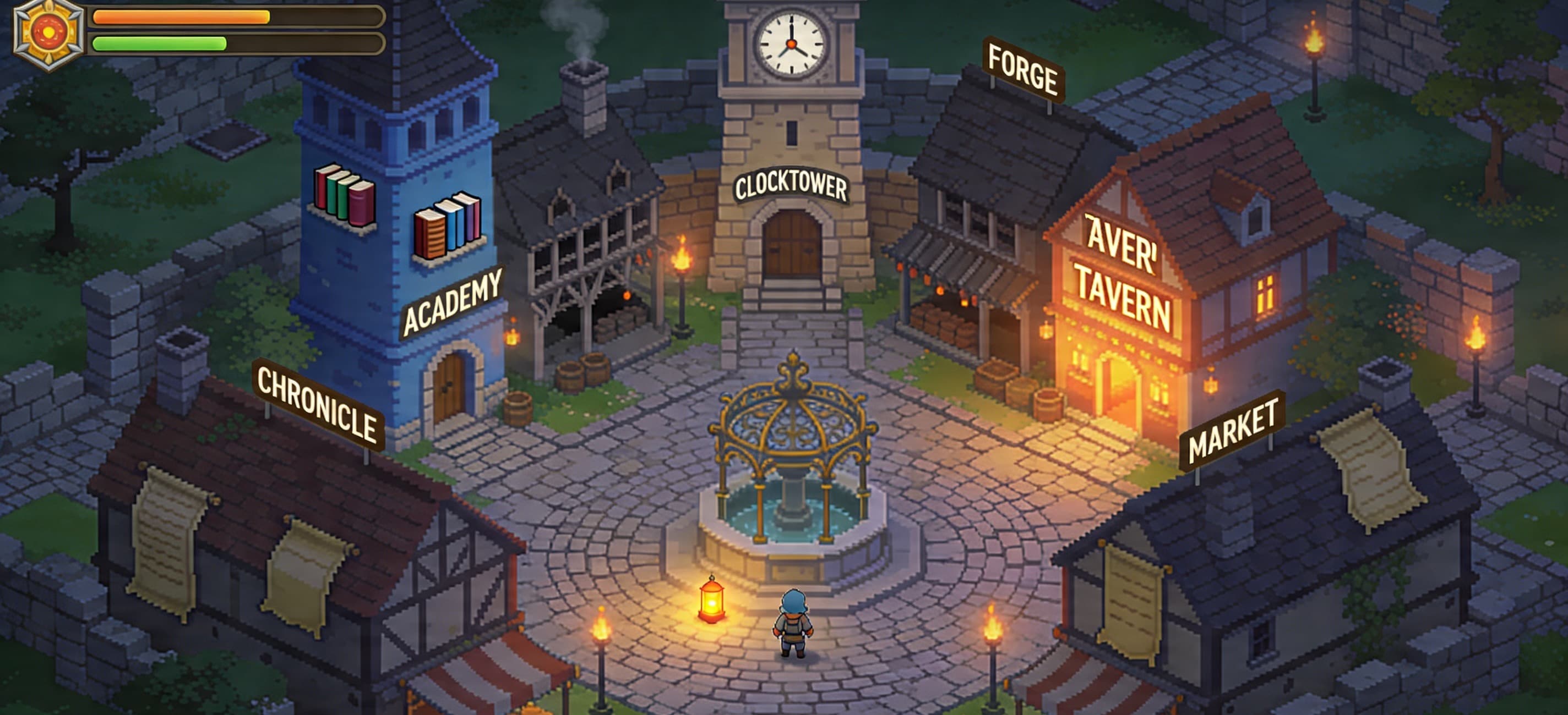 FlowQuest town square screen with fantasy productivity interface